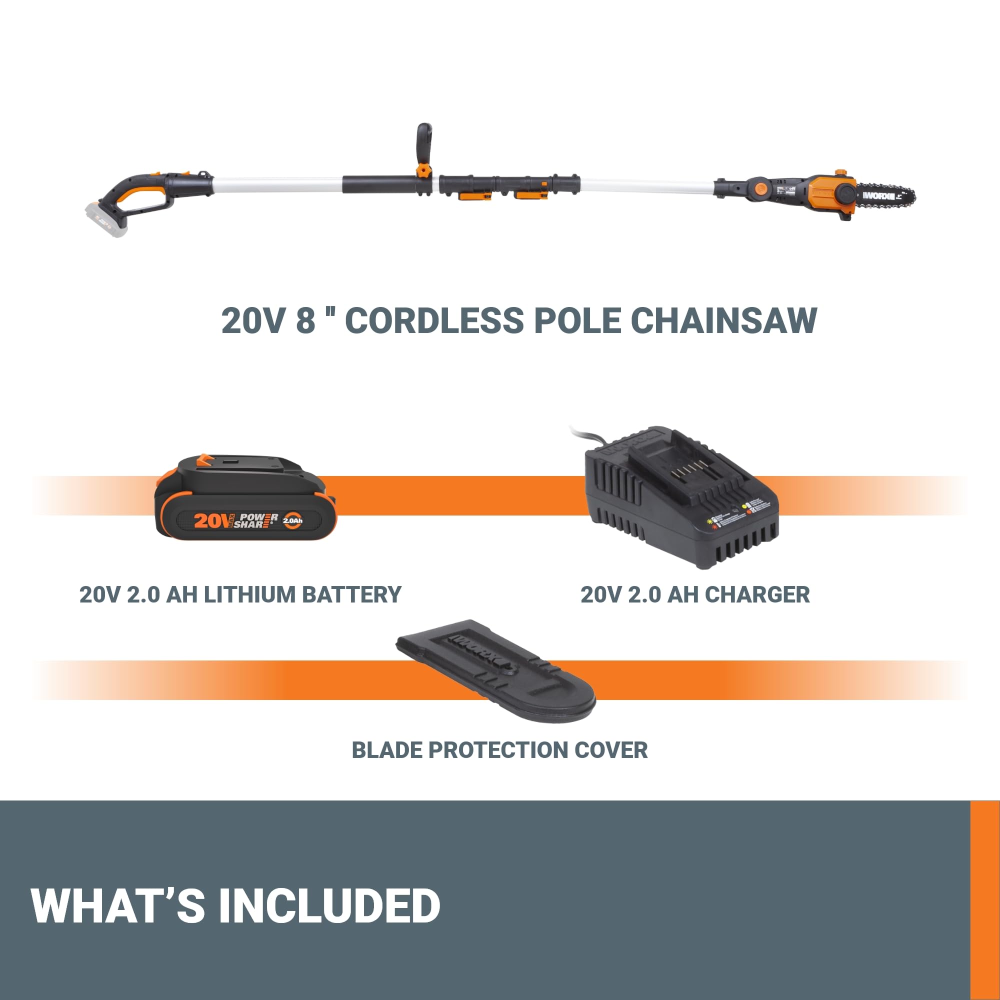 20V Worx Nitro 8 '' cordless pole chainsaw 2.0 Ah battery and charger included WG349