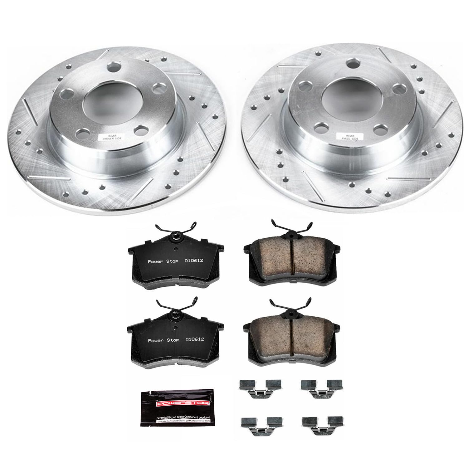 Rear Power Stop K940 Z23 Carbon Fiber Brake Pads with Drilled & Slotted Brake Rotors Kit For Audi Allroad Quattro 2001-2005 [Model Specific]