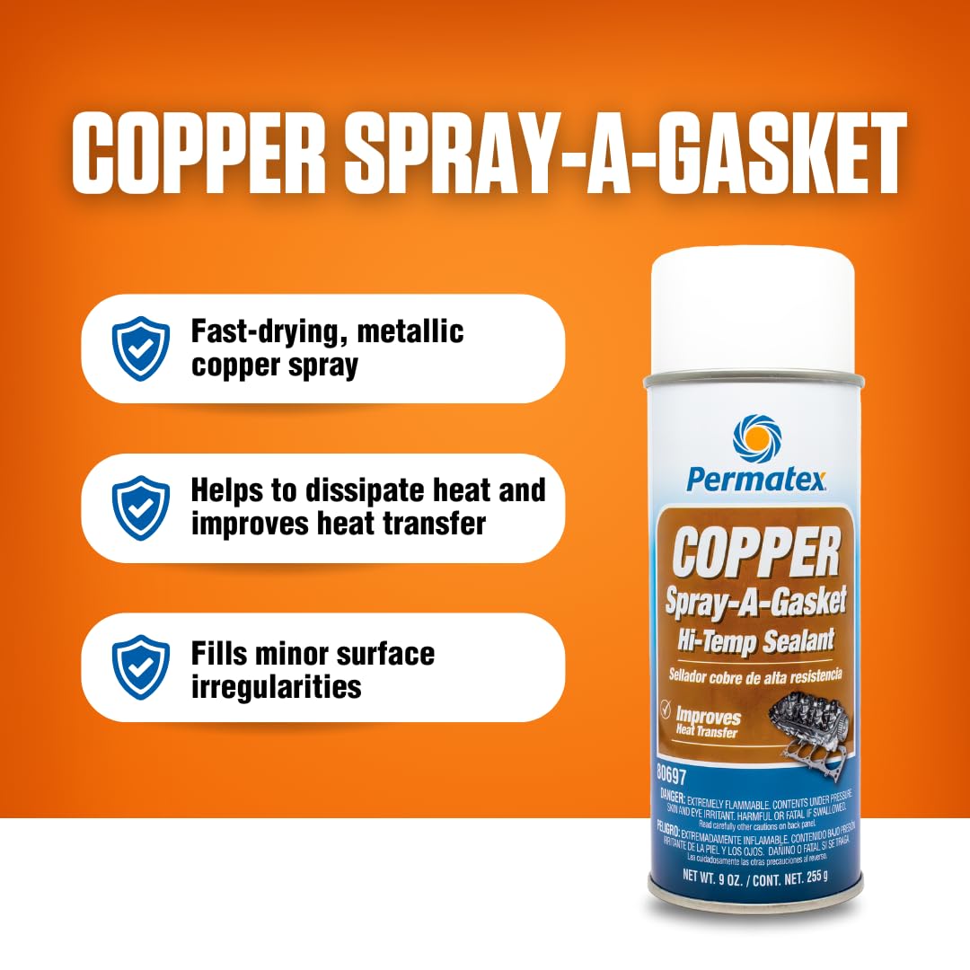 Copper Spray-A-Gasket Permatex Hi-Temp Adhesive Sealant, 9 oz. net Aerosol Can, Orange