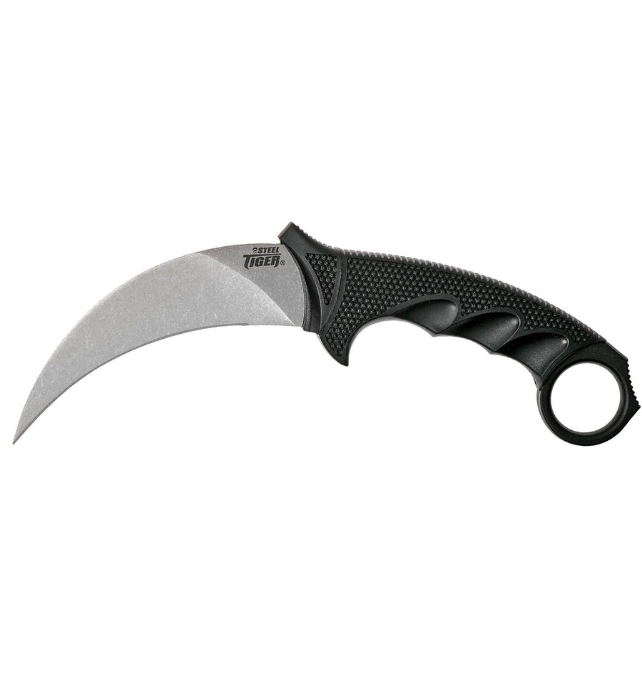 Tiger Cold Steel 4.75'' Japanese Aus8A Stainless Steel W/ Stonewashed Finish Karambit Shape Fixed Blade Tactical Hunting Knife, Kray-Ex Handle, Secure-Ex Sheath