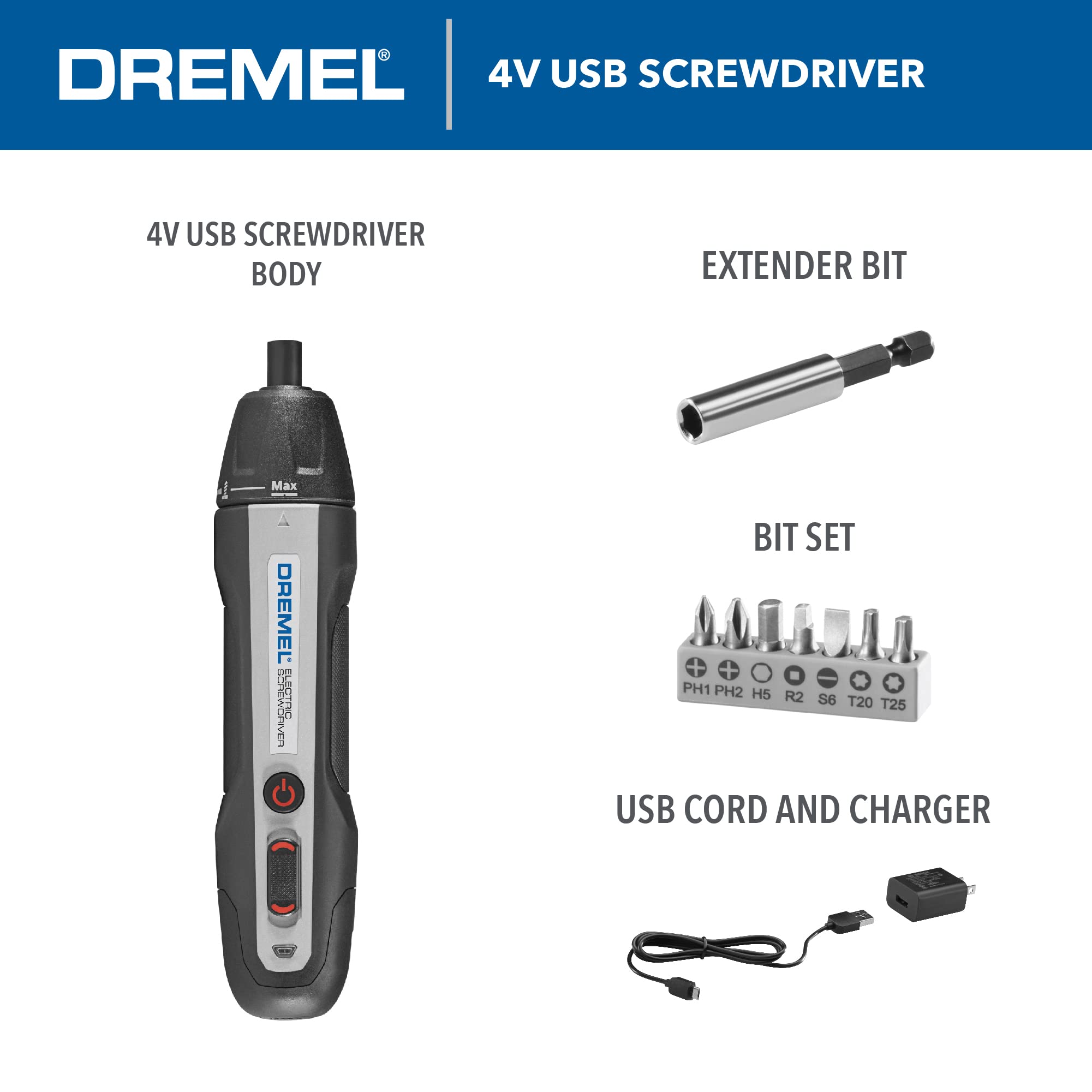 Dremel Cordless 4V Screwdriver Kit with 6 Power Settings and Smart Stop Technology, Includes 7 Screwdriver Bits, 1 Bit Extender, USB Cable and Power Adapter, HSES-01