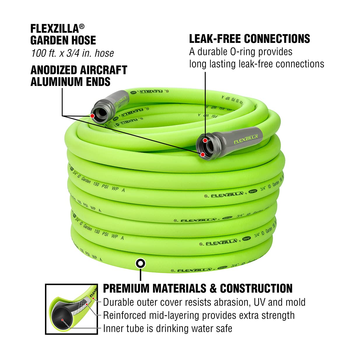 Garden Hose Flexzilla 3/4 in. x 100 ft., Lightweight All-Weather Water Hose, Durable and Flexible, Leak-Free Connections