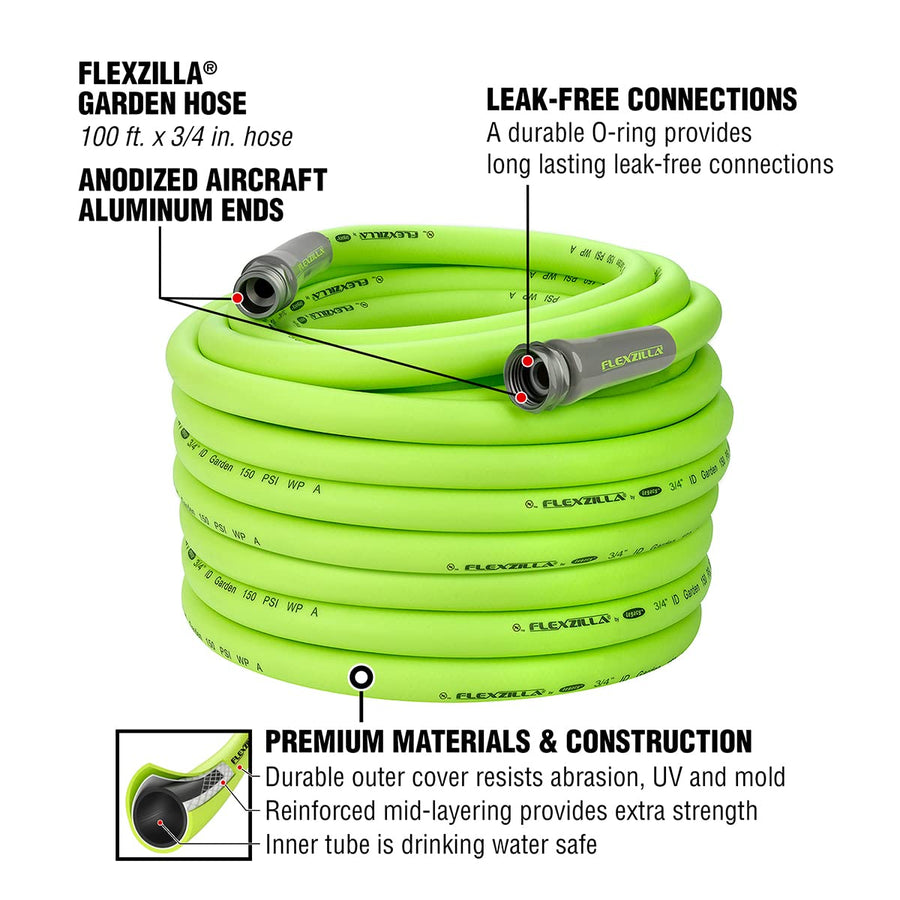 Garden Hose Flexzilla 3/4 in. x 100 ft., Lightweight All-Weather Water Hose, Durable and Flexible, Leak-Free Connections