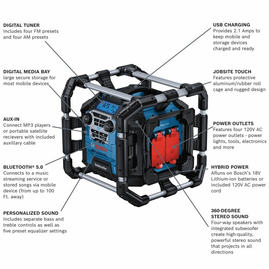 Jobsite Radio BOSCH GPB18V-5CN with Bluetooth® 5.0 and Power Station 18V