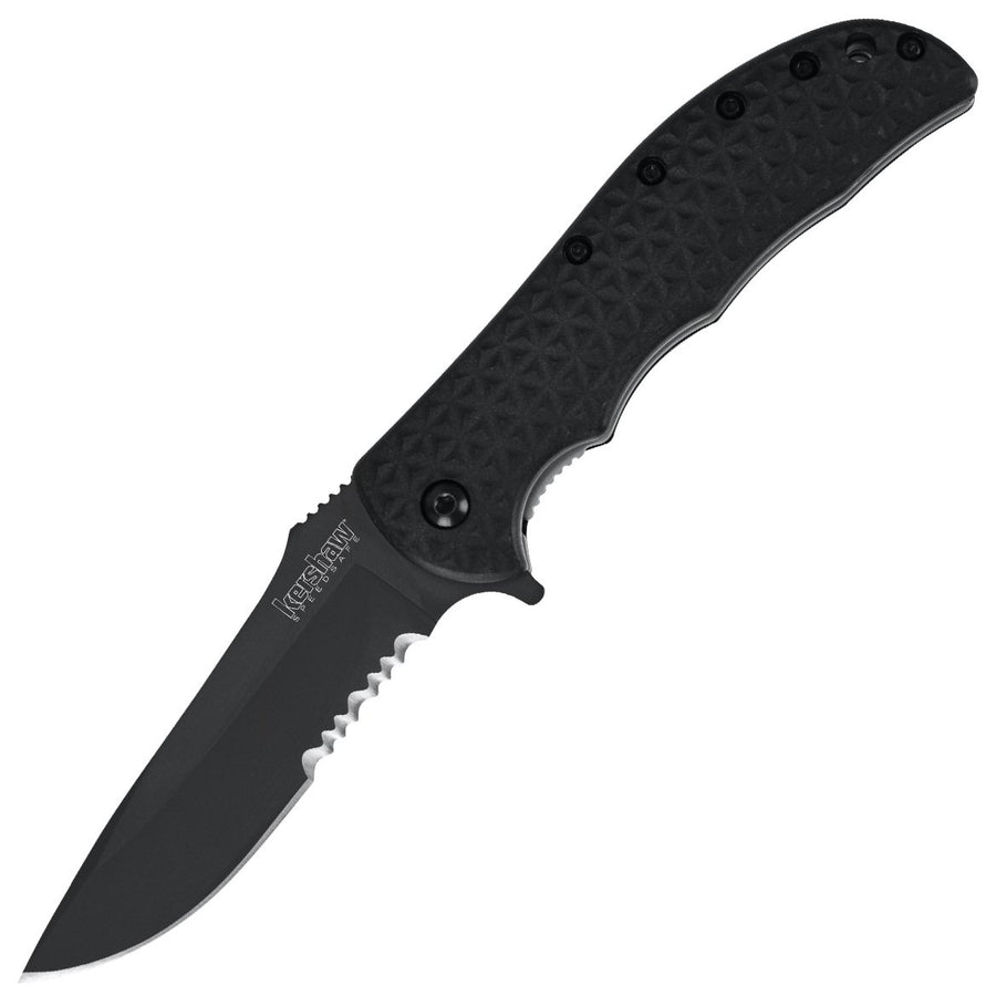 Kershaw Black Volt II Serrated Pocketknife, 3.25" 8Cr13MoV Steel Drop Point Blade, assisted opening Folding EDC, Liner Lock System