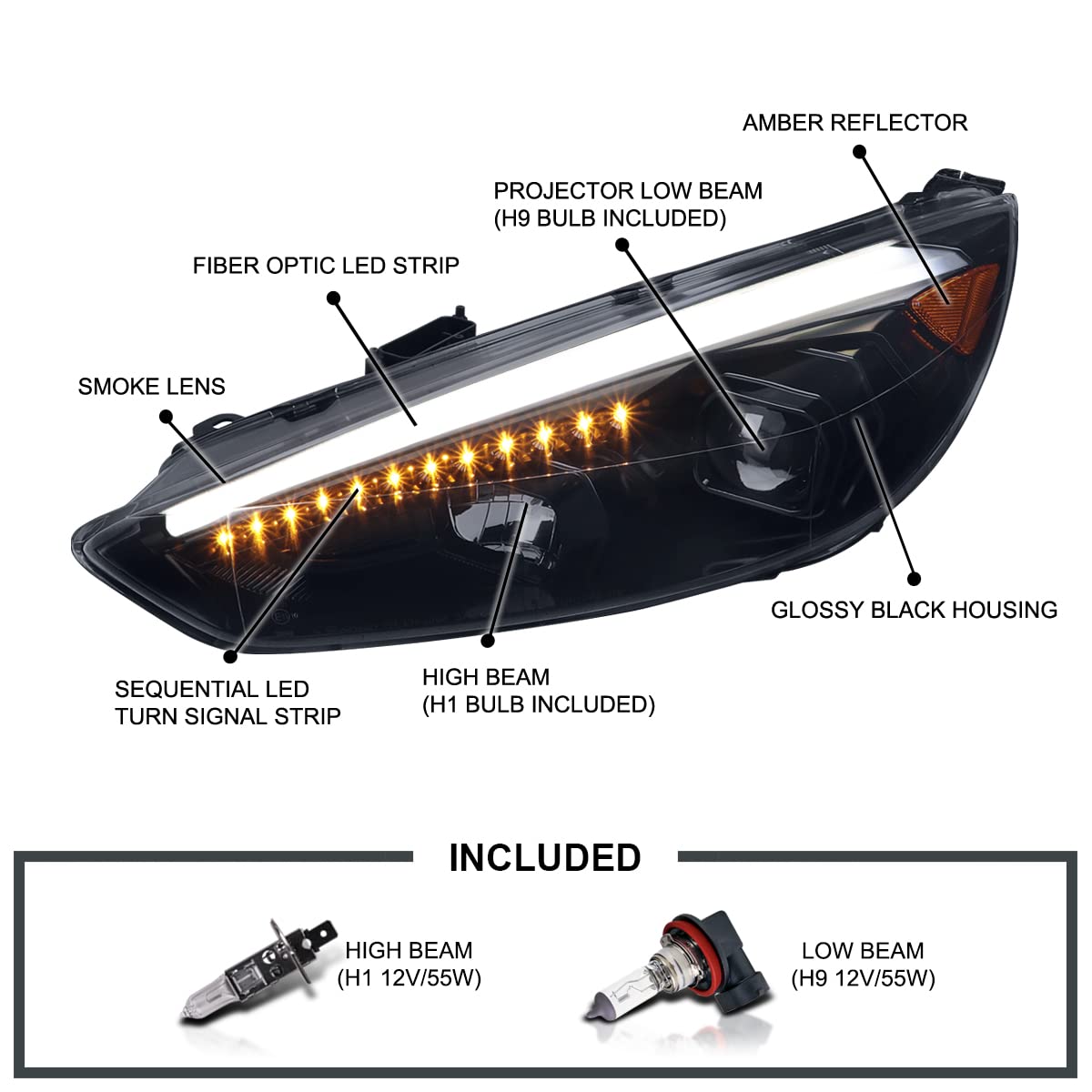 Glossy Black Smoke SPEC-D TUNING Projector Headlights w/Sequential LED Signal Tube Compatible with 2015-2018 Ford Focus, Left + Right Pair Headlamps Assembly