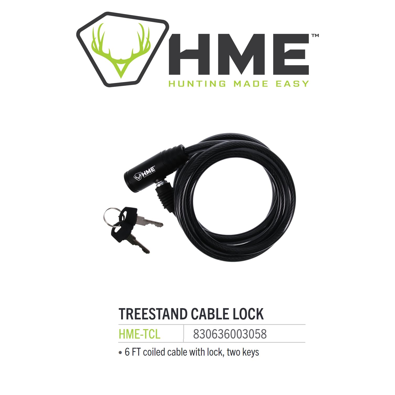 HME 6-Foot Self-Coiling Easy-To-Use Protective Durable Reliable Versatile Hunting Tree Stand Cable Lock - 2 Keys Included