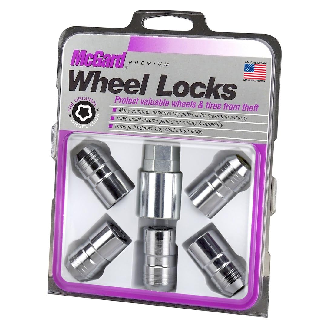 Premium McGard Wheel Lock, 14 mm x 1.50 Thread, Cone Seat, Closed End, Key Included, Steel, Chrome, Set of 5