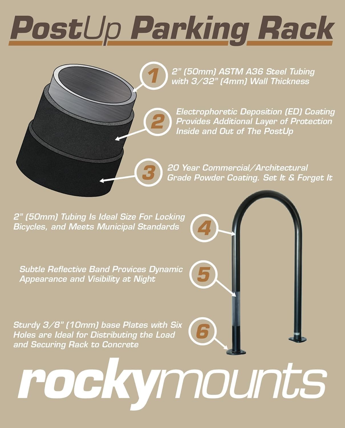 RockyMounts Inverted U PostUp Commercial Bike Parking Rack. Includes Concrete Inserts, Bolts and Concrete Drill bit.