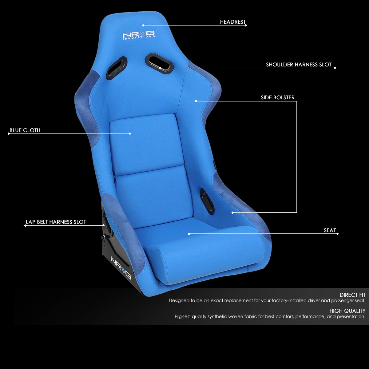 NRG Innovations Fiber Glass NRG-FRP-300BL Fixed Back Bucket Racing Seat, 4pt Harness Compatibility, Blue Seat Cover, 23"W X 18" D X 35" H