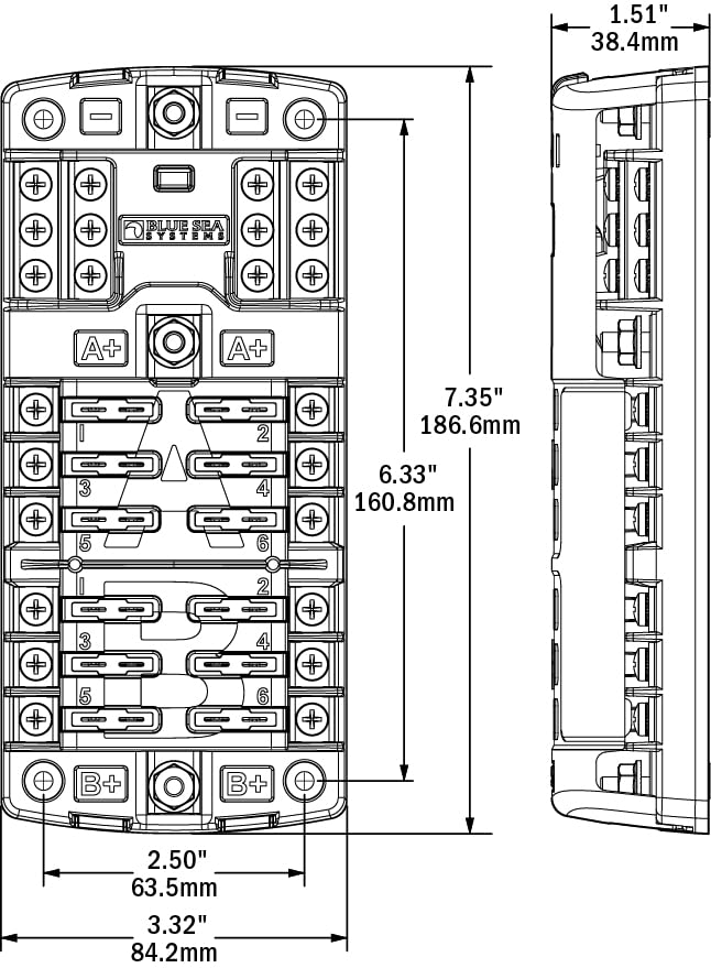 Blue Sea Systems 5032 Dual 12 ST Blade Fuse Block with Ground and Cover, 100 Amps