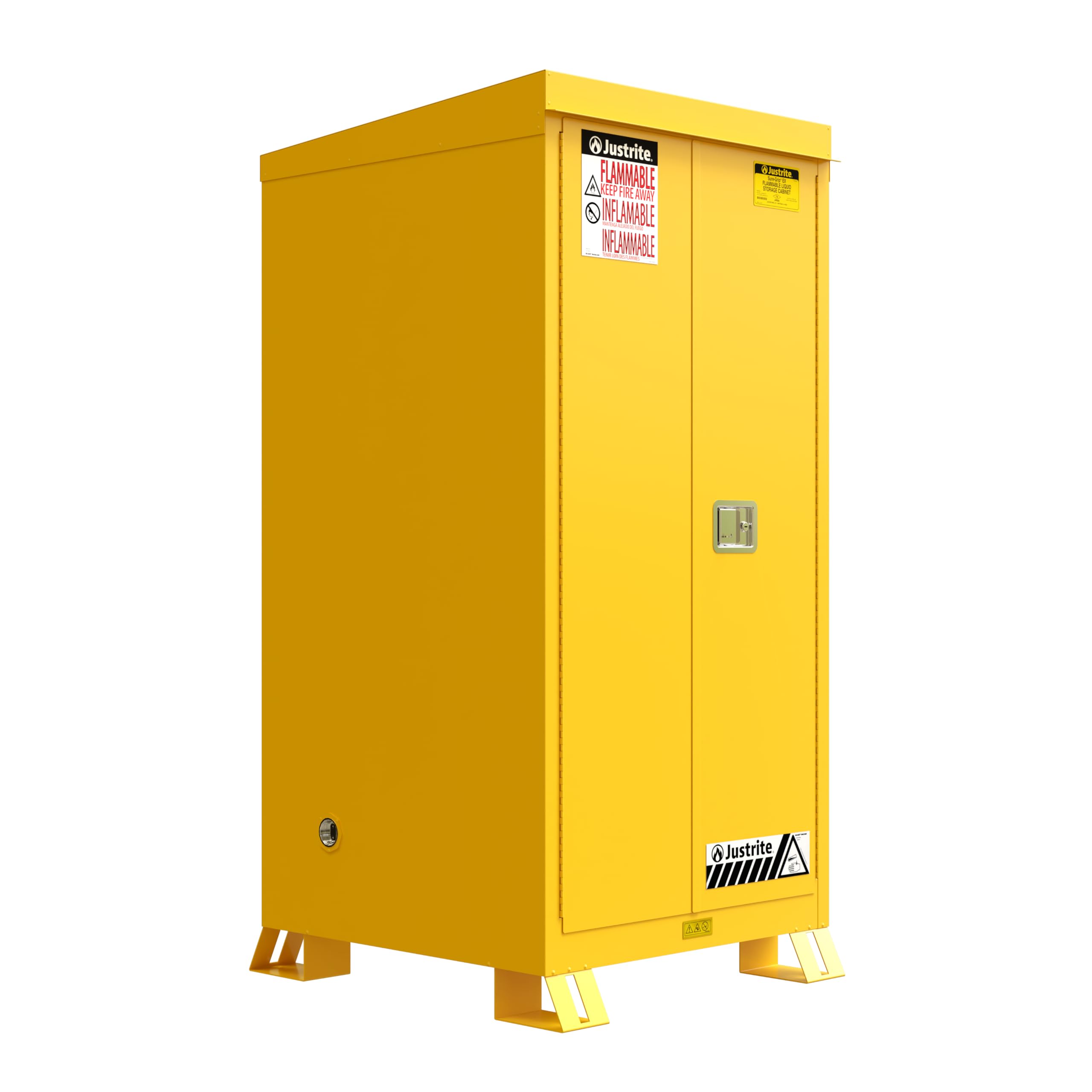Justrite Outdoor Reinforced Steel Flammable Liquid Storage Cabinet, 2 Shelves with 350 lb. Capacity, 2 Manual-Close Door Fire Cabinet, 60 Gallon, 72" x 34" x 38", Made in The USA, Yellow, 816000
