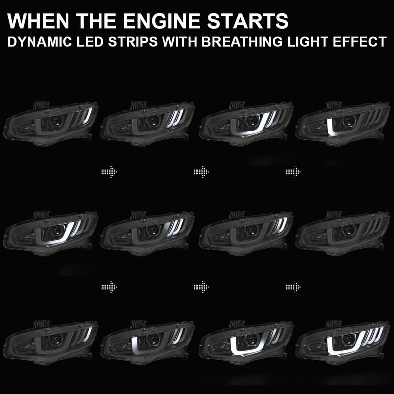 Black Smoke LED Tube Projector Headlights SPEC-D TUNING w/Switchback Sequential Signal Compatible with 2016-2021 Honda Civic Models with Factory Halogen Headlights Left + Right