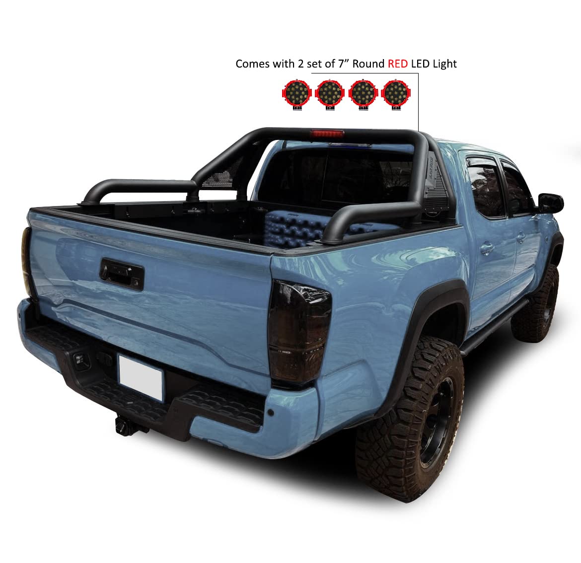 Gladiator Black Horse Roll Bar Incl. Pair of 7.0" Dia. Led Lights w/Red Trim Ring Modular Compatible with 2015-2024 GMC Canyon|2015-2024 Chevrolet Colorado|2015-2024 Toyota Tacoma-GLRB-03B-PLR