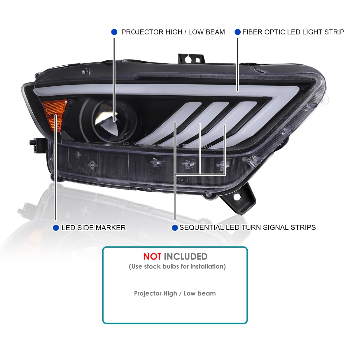Black SPEC-D TUNING Projector Headlights w/Sequential LED Turn Signal Compatible with 2015-2017 Ford Mustang Coupes w/HID/Xenon, Left + Right Headlamp Assembly