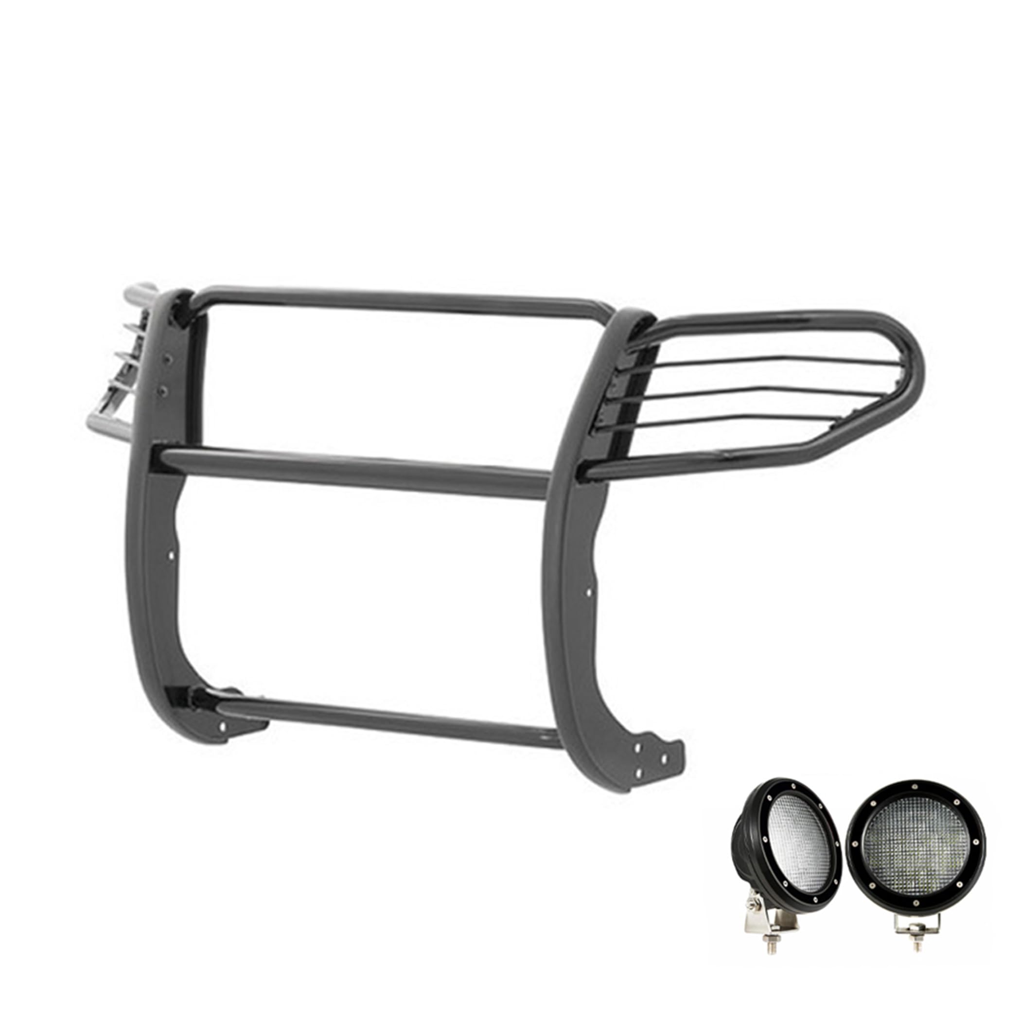 Bumper Guard Black Horse Grille brush Modular Come with Pair of 5.3" Dia.LED Lights with Black Trim Rings Compatible with 2011-2015 Ford Explorer-17FJ28MA-PLFB
