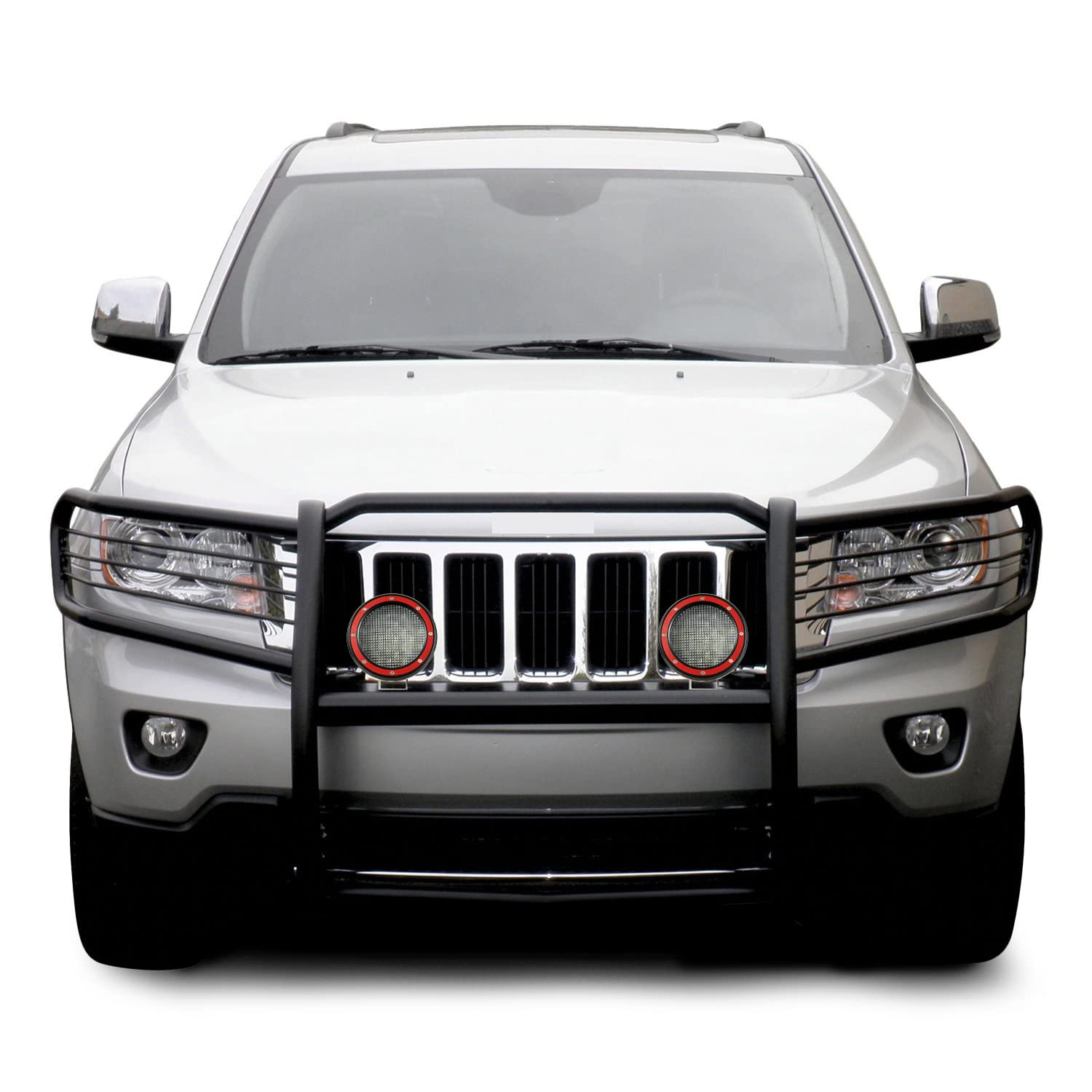 Grille Brush Black Horse Bumper Guard Modular Black Come with Pair of 5.3" Dia.LED Lights with Red Trim Rings Compatible with 2011-2021 Jeep Grand Cherokee-17A080202MA-PLFR