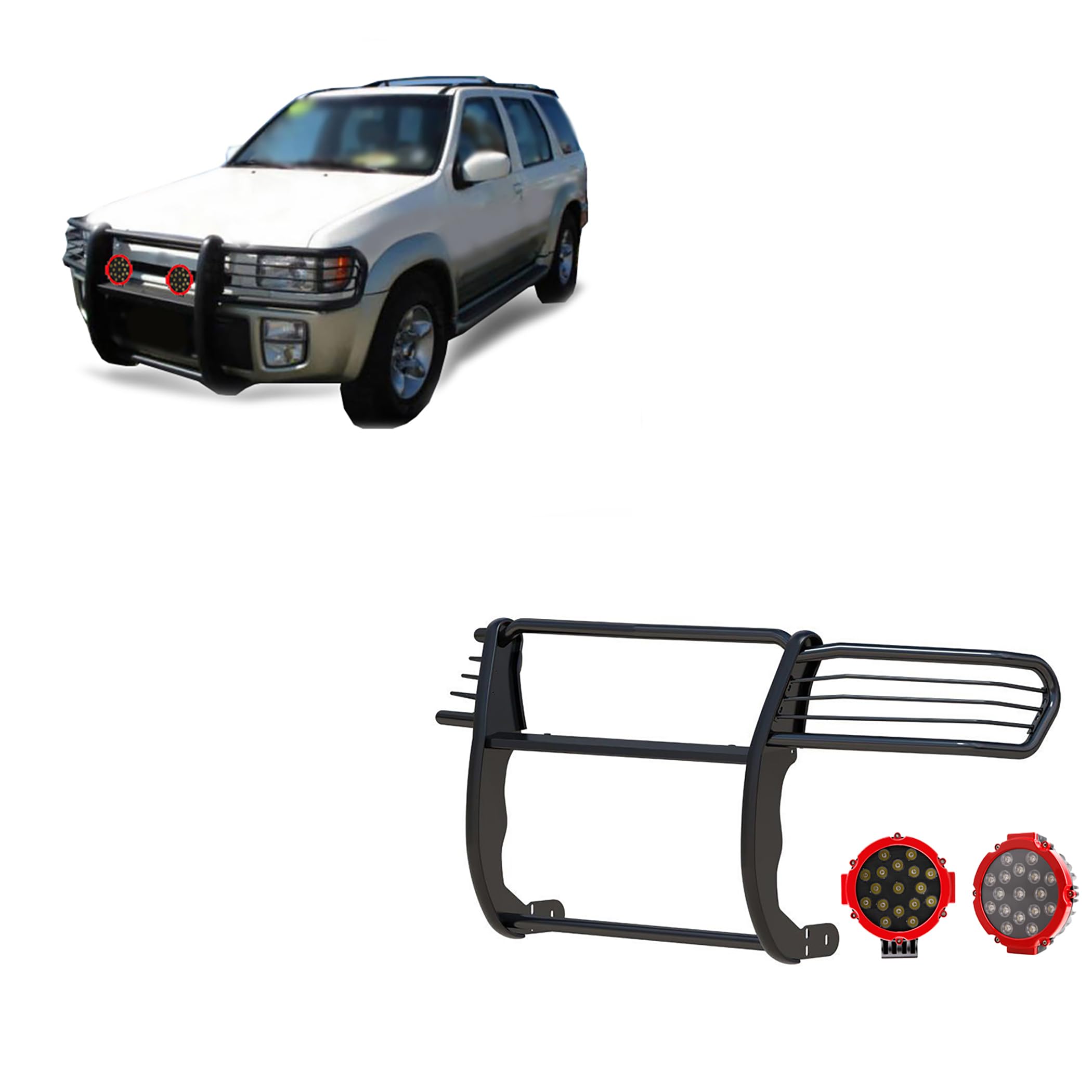 Bumper Guard Modular Black Black Horse Grille brush Come With pair of 7.0"Dia.LED Lights with Red Trim Rings Compatible with 1997-2003 Infiniti QX4|1996-2004 Nissan Pathfinder-17NE23MA-PLR