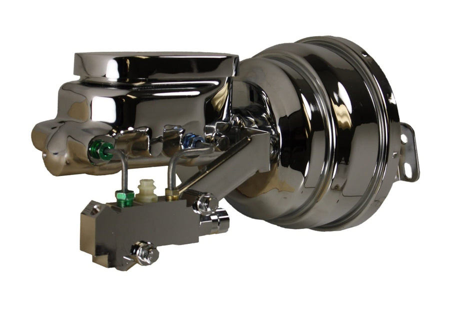 8 Inch LEED BRAKES Dual Power Booster, 1-1/8 Inch Bore Flat Top Master, Side Mount Valve, Disc/Drum (Chrome)