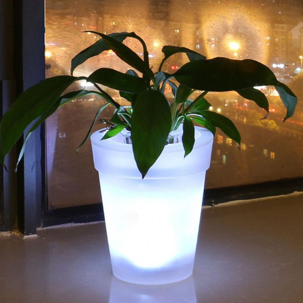 LED Plant Pot QIND, Solar Power Flower Pot, Indoor Outdoor Flowerpot with LED Lighting, Creative Plastic Modern Planter Vase Landscape Decorative Light for Garden Yard Patio, (White)