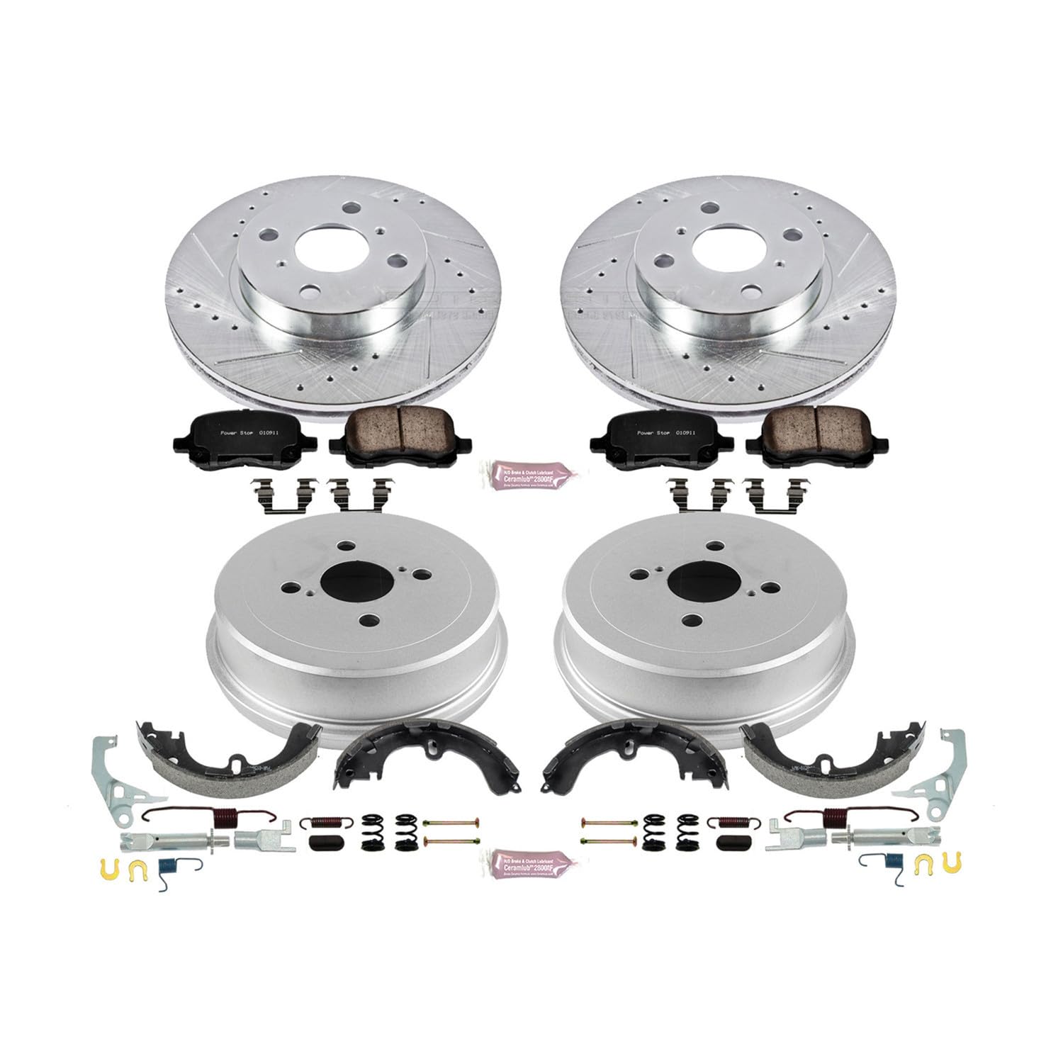 Power Stop K15197DK Z23 Carbon Fiber Brake Pads Front and Rear with Drilled & Slotted Brake Drums Kit For Toyota Corolla 2000-2002 [Model Specific]