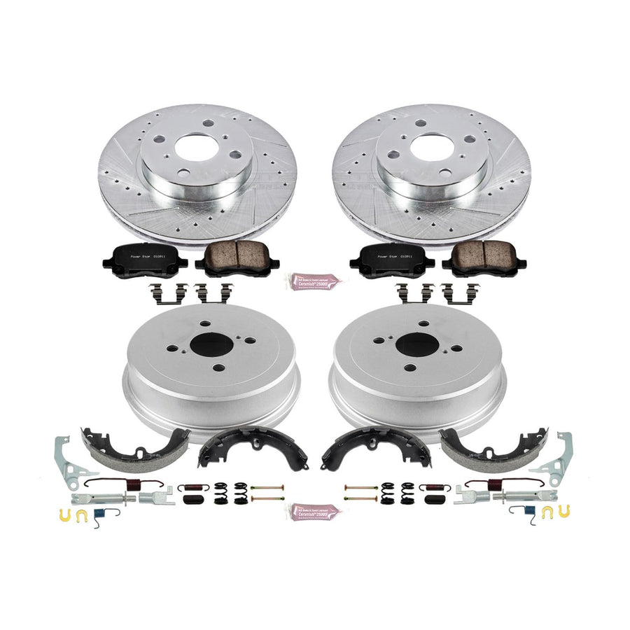 Power Stop K15197DK Z23 Carbon Fiber Brake Pads Front and Rear with Drilled & Slotted Brake Drums Kit For Toyota Corolla 2000-2002 [Model Specific]