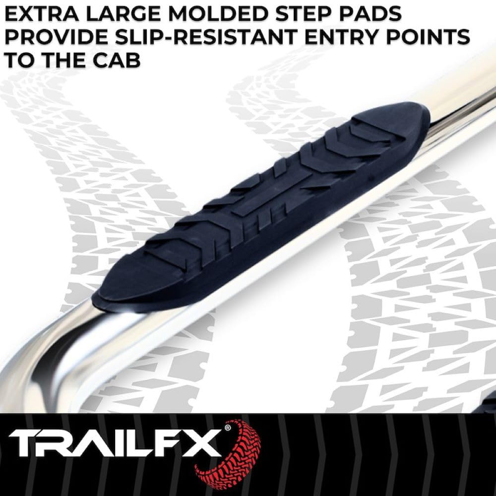 Toyota Tacoma Double Cab TrailFX Nerf Bars 2005-2023 Polished Marine-Grade Stainless Steel 4 Inch Oval Bent Side Steps with Slip-Resistant Step Pads Rocker Panel Mount Set of 2 Running Boards