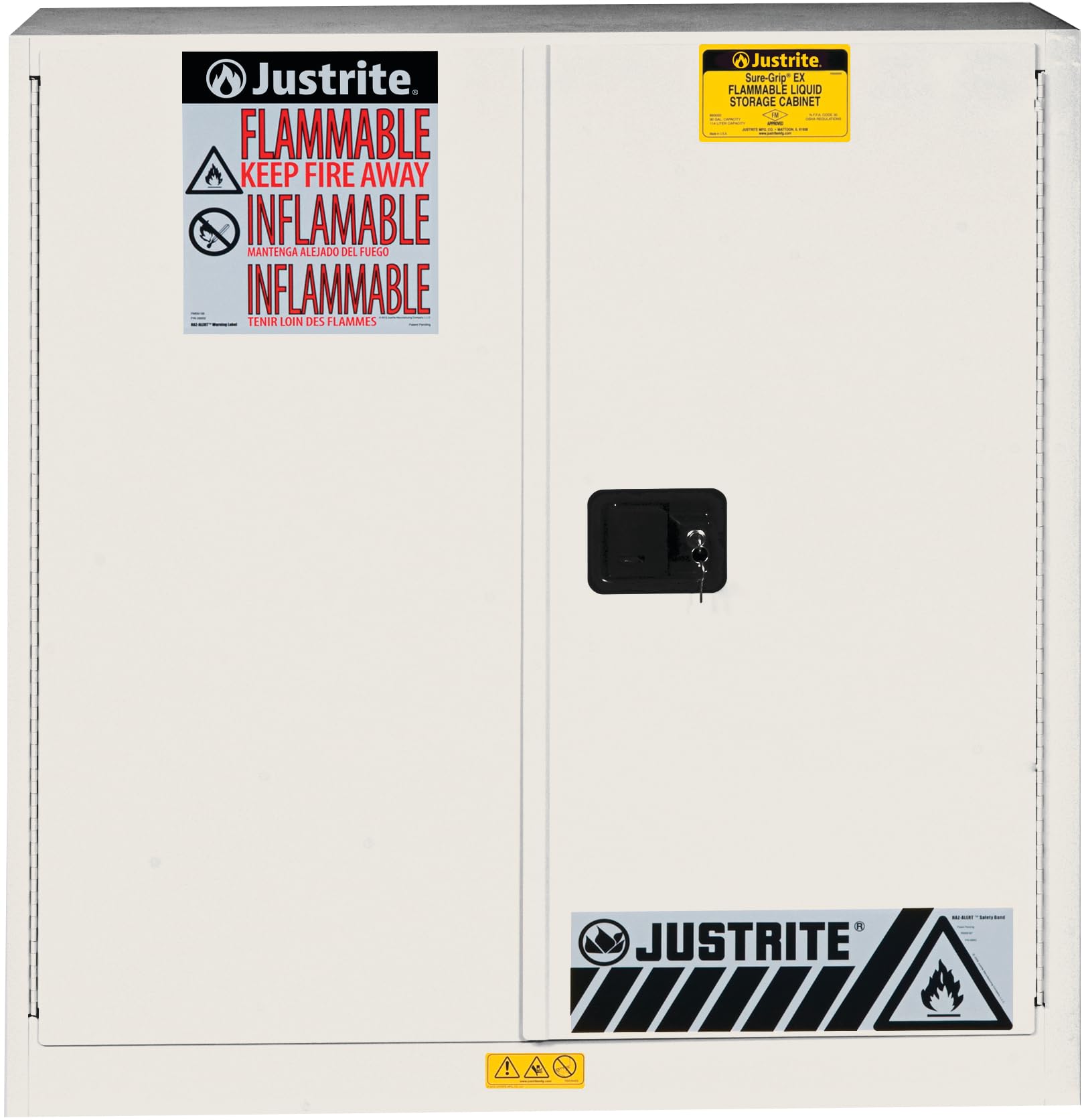 Justrite 30 Gallon Flammable Storage Cabinet Self Close, 18 Gauge Steel, 1 Shelf, 2 Door Fire Cabinet, 44" x 43" x 18", Made in The USA, White, 893025