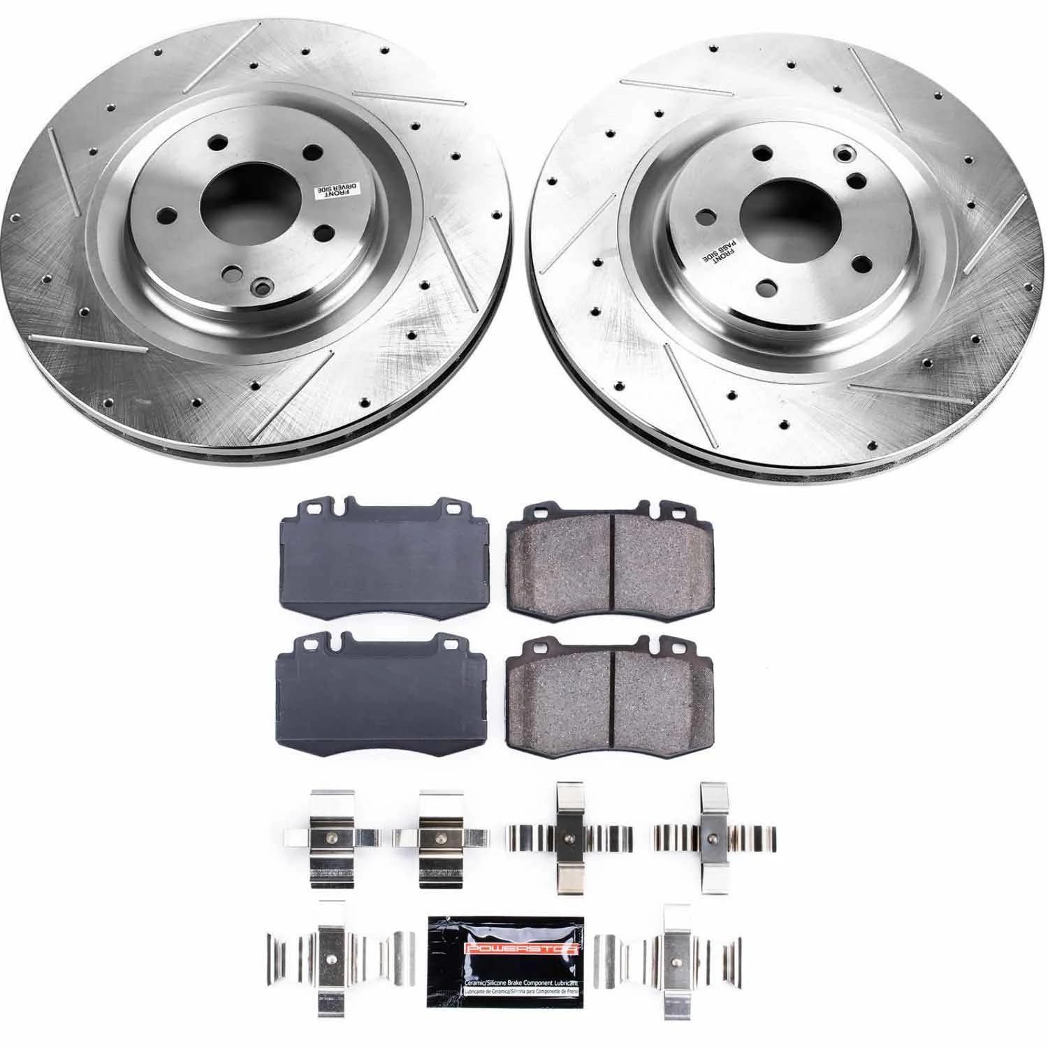 Power Stop K6585 Z23 Carbon Fiber Brake Pads Front with Drilled & Slotted Brake Rotors Kit and 1 Front Sensor Wire For C55 AMG, CLK500, CLK55 AMG, CLK550 [Model Specific]
