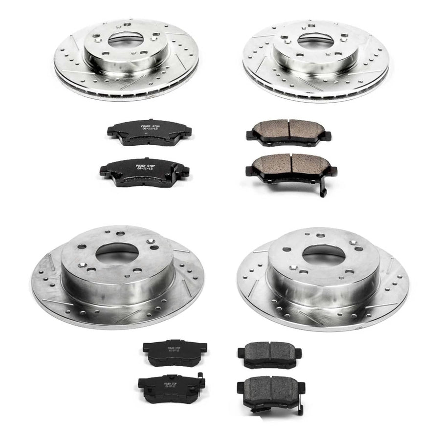 Front and Rear Brake Kit PowerStop For Acura RSX 2002-06 | Honda Civic 2004-05 - Drilled and Slotted Disc Rotors with Ceramic Brake Pads Replacement, K2387