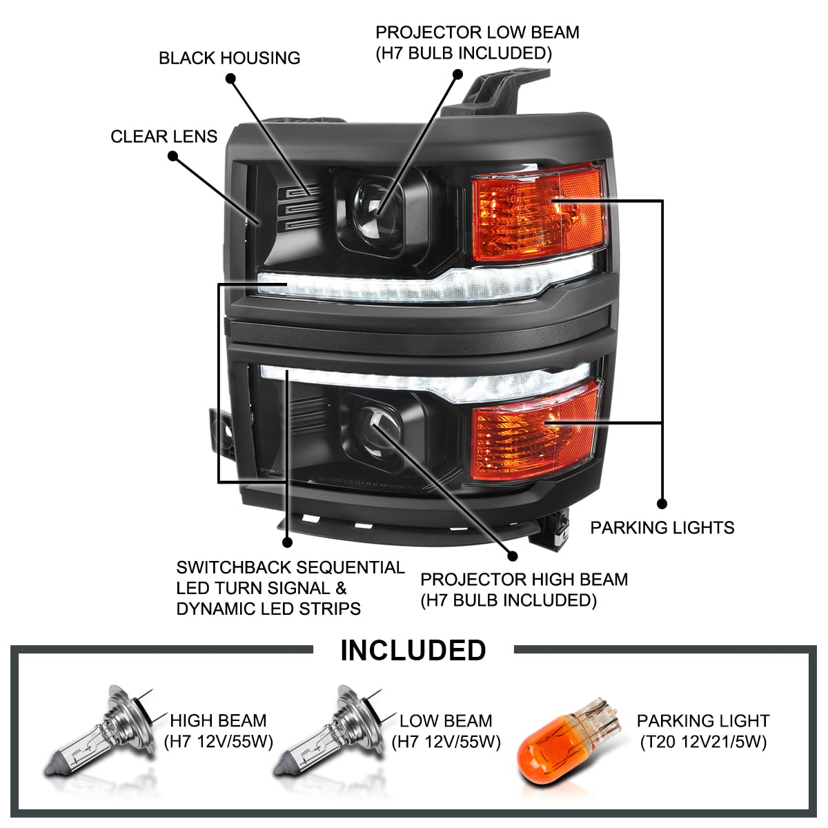 Black w/Black Trim SPEC-D TUNING Projector Headlights w/Sequential Switchback LED Strip and Startup Animation Compatible with 2014-2015 Chevy Silverado 1500, Left + Right Pair Headlamps Assembly
