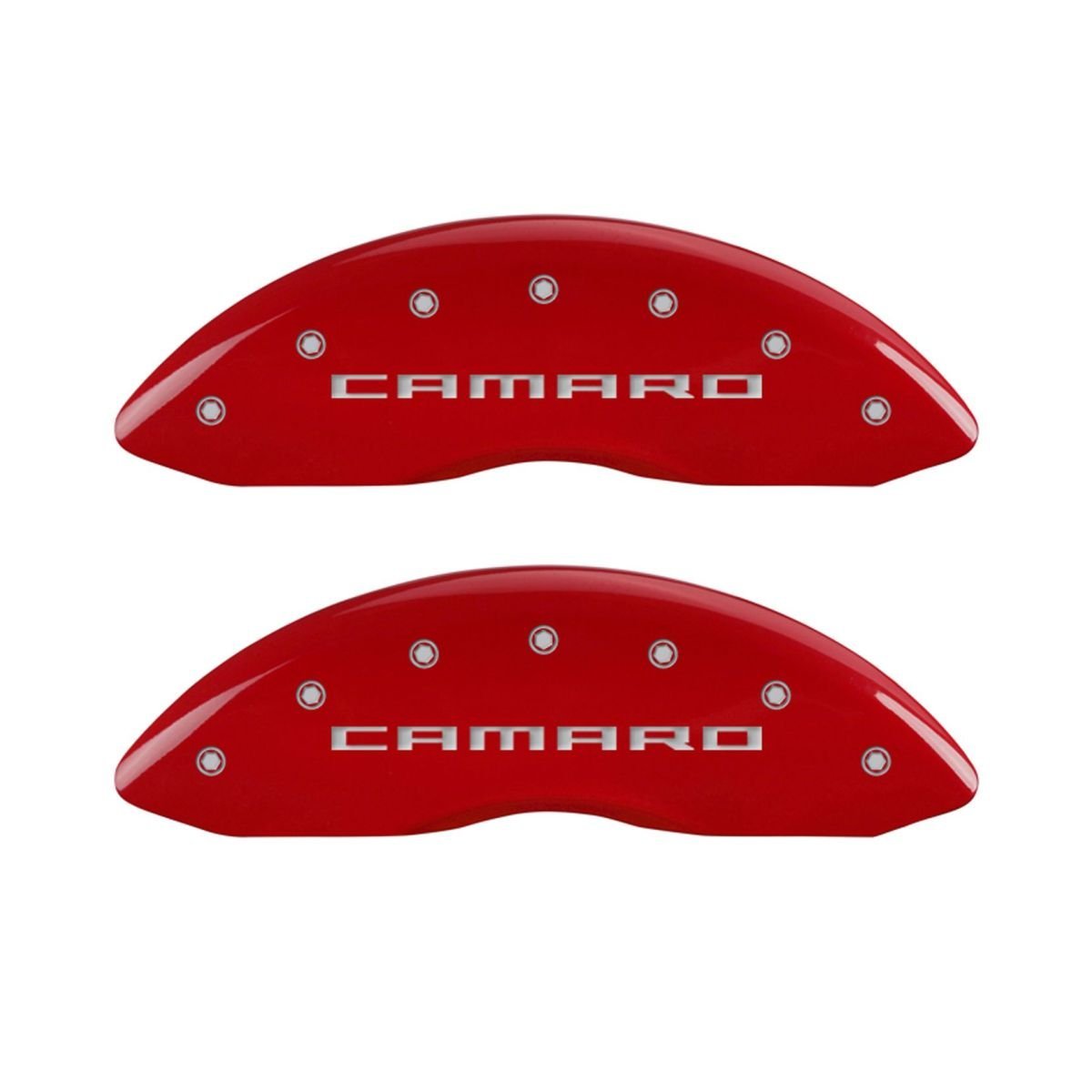 SET OF 4 CALIPER COVERS, RED, FRONT AND REAR: GEN 5/CAMARO, SILVER CHARACTERS