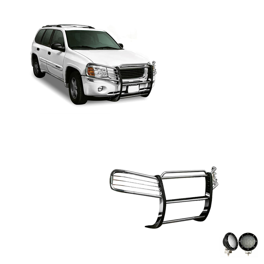 Bumper Guard Black Horse Grille Brush Modular Stainless Steel Come with Pair of 5.3" Dia.LED Lights with Black Trim Rings Compatible with 2002-2009 GMC Envoy-17GD26MSS-PLFB