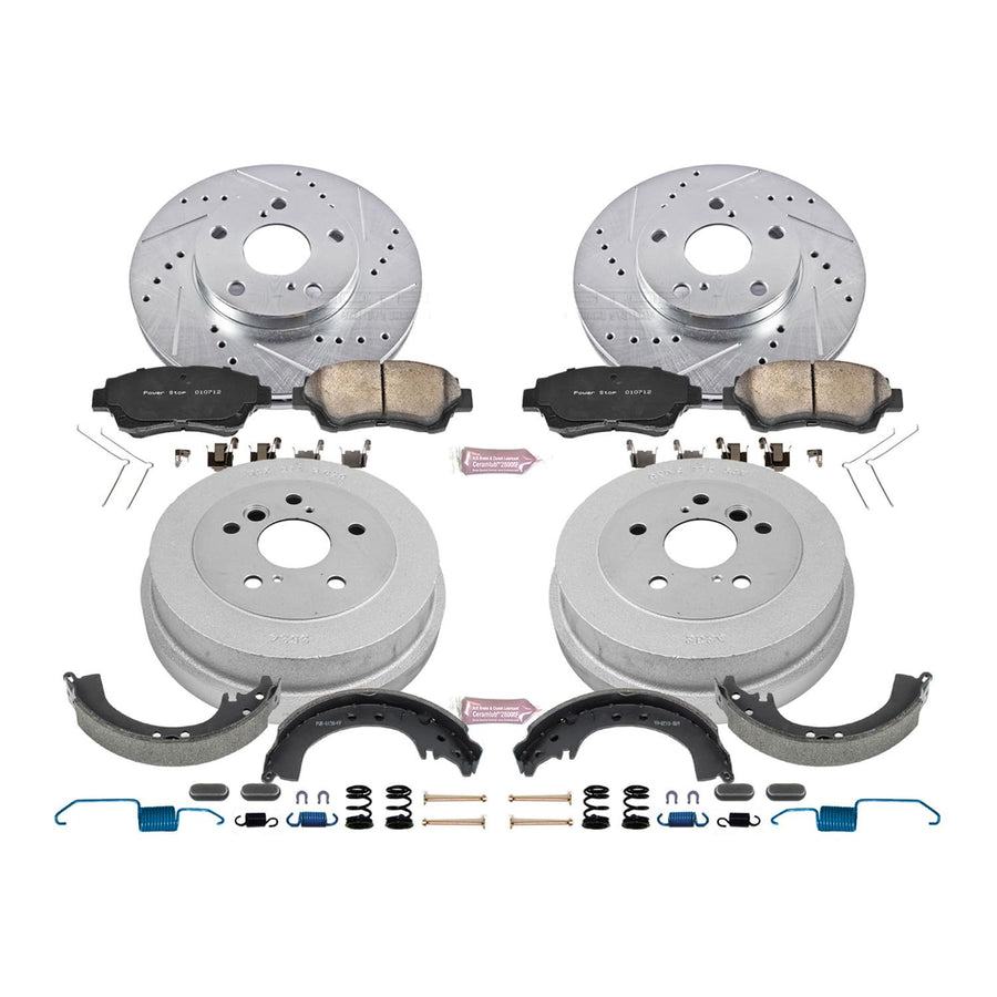 Power Stop K15060DK Z23 Carbon Fiber Brake Pads Front and Rear with Drilled & Slotted Brake Drums Kit For Toyota Camry 2000-2001 [Model Specific]