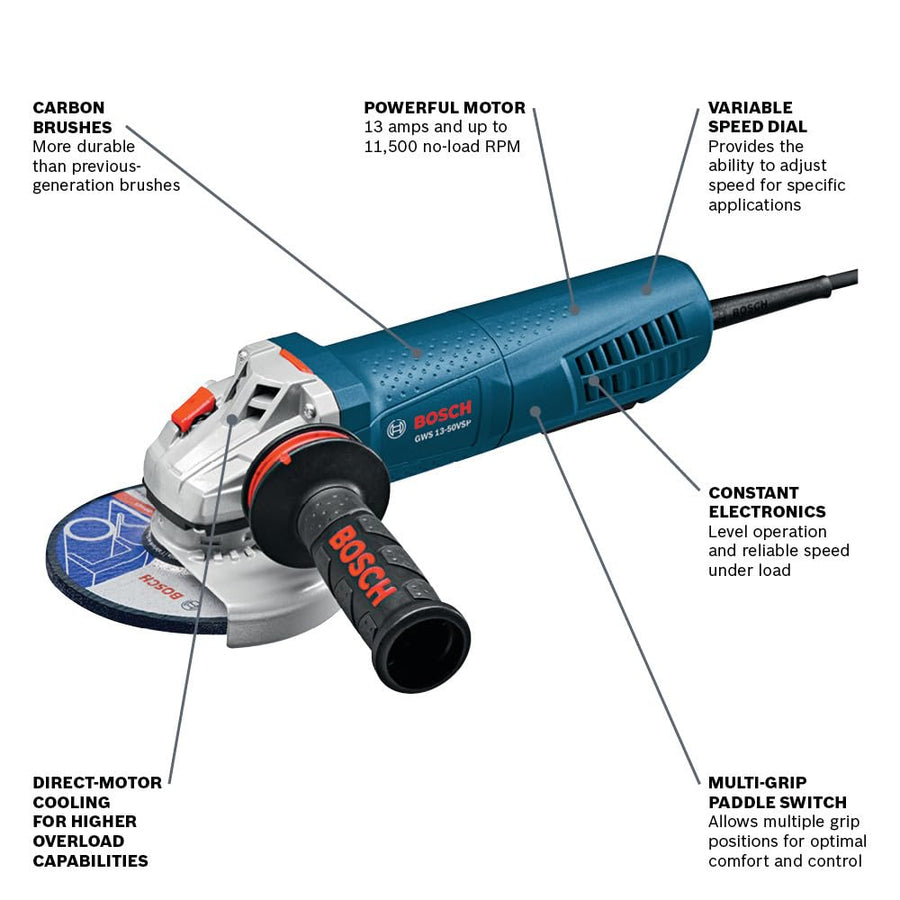 Bosch 5 In. Angle Grinder GWS13-50VSP Variable Speed with Lock-On Paddle Switch