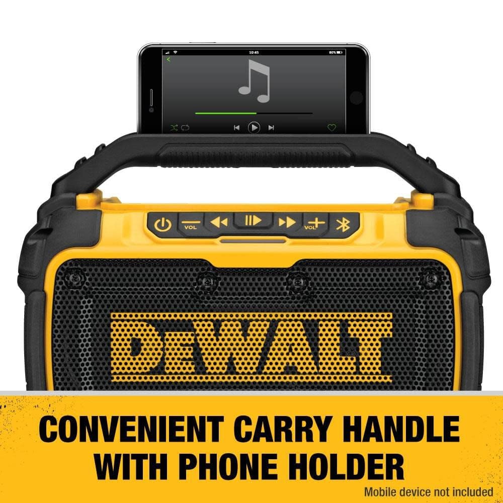 DEWALT Bluetooth Speaker 20V MAX, 100 ft Range, Durable for Jobsites, Phone Holder Included, Lasts 8-10 Hours with Single Charge (DCR010)