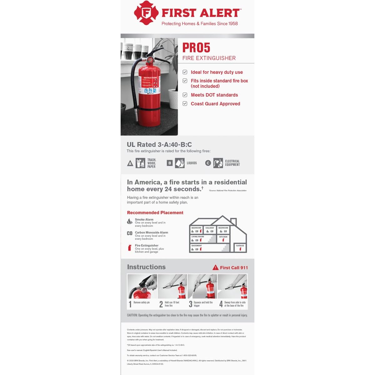 Rechargeable FIRST ALERT PRO5 Heavy Duty Fire Extinguisher, UL RATED 3-A:40-B:C, Red, 1-Pack