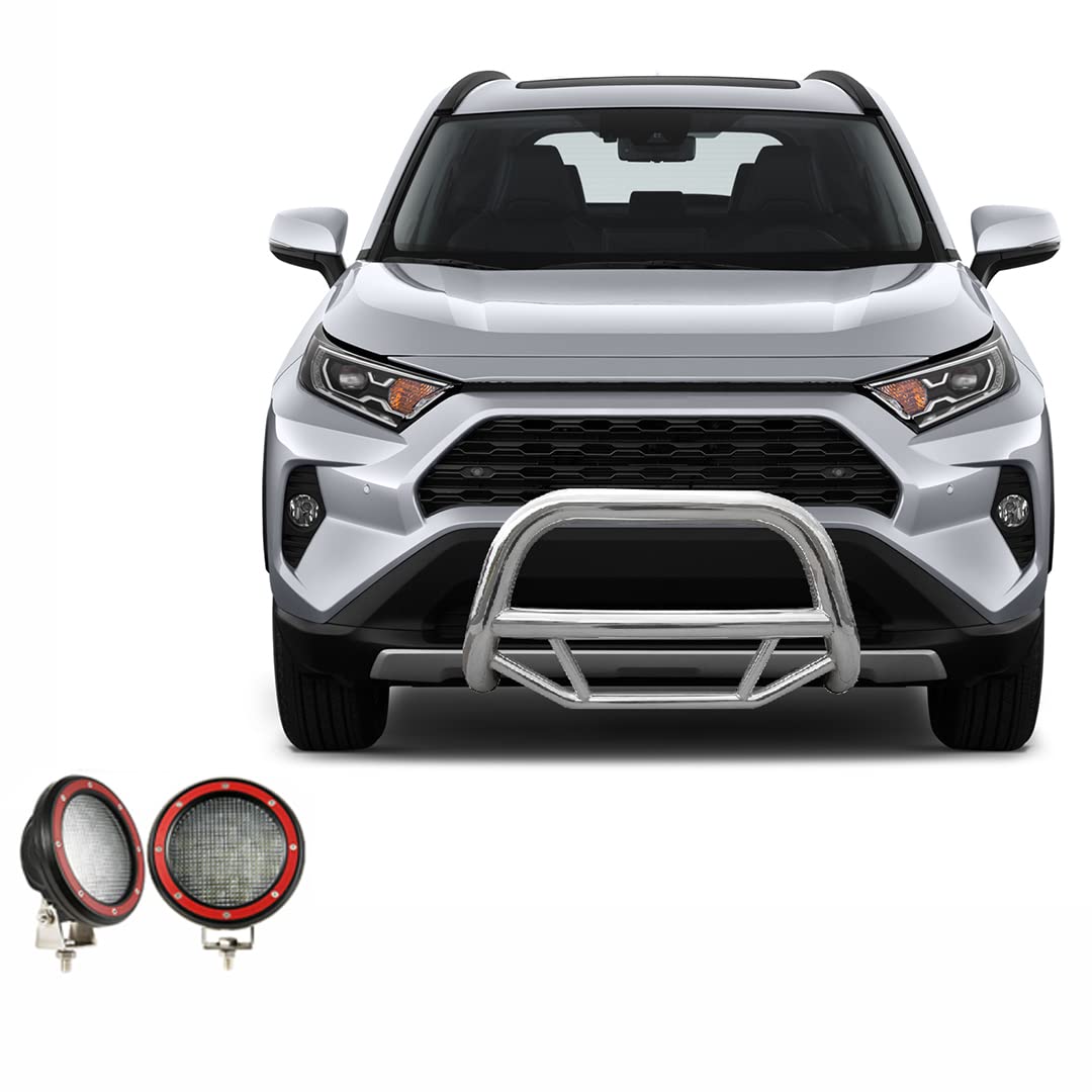 Max Bull Bar Black Horse Incl. Pair of 5.3" Dia.LED Lights w/Red Trim Rings No Skid Plate Stainless Steel Compatible with 2019-2024 Toyota RAV4|2021-2024 Toyota Venza-MBS-TOB4802-PLFR