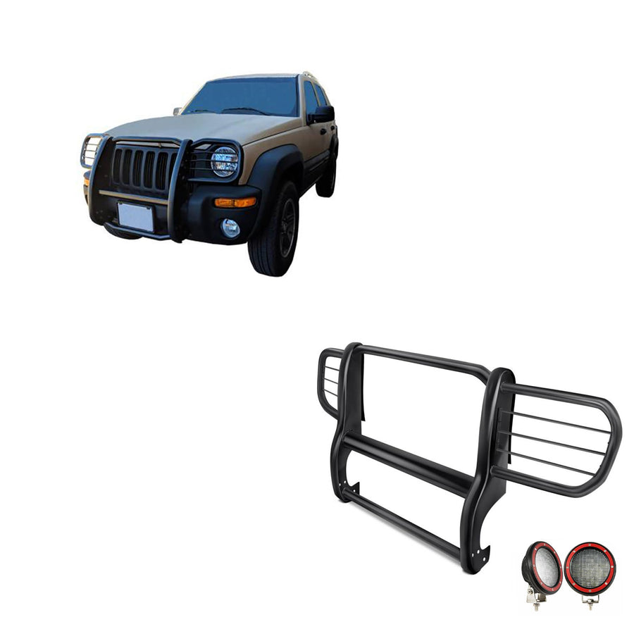Bumper Guard Black Horse Grille Brush Modular Black Come with Pair of 5.3" Dia.LED Lights with Red Trim Rings Compatible with 2002-2007 Jeep Liberty-17EH26MA-PLFR