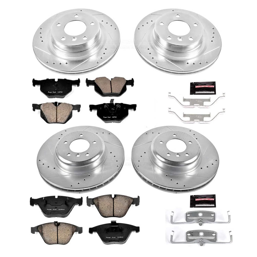 Power Stop K6059 Z23 Carbon Fiber Brake Pads Front and Rear with Drilled & Slotted Brake Rotors Kit and 1 Front & 1 Rear Sensor Wires For BMW 335i xDrive 2011-2012 [Model Specific]