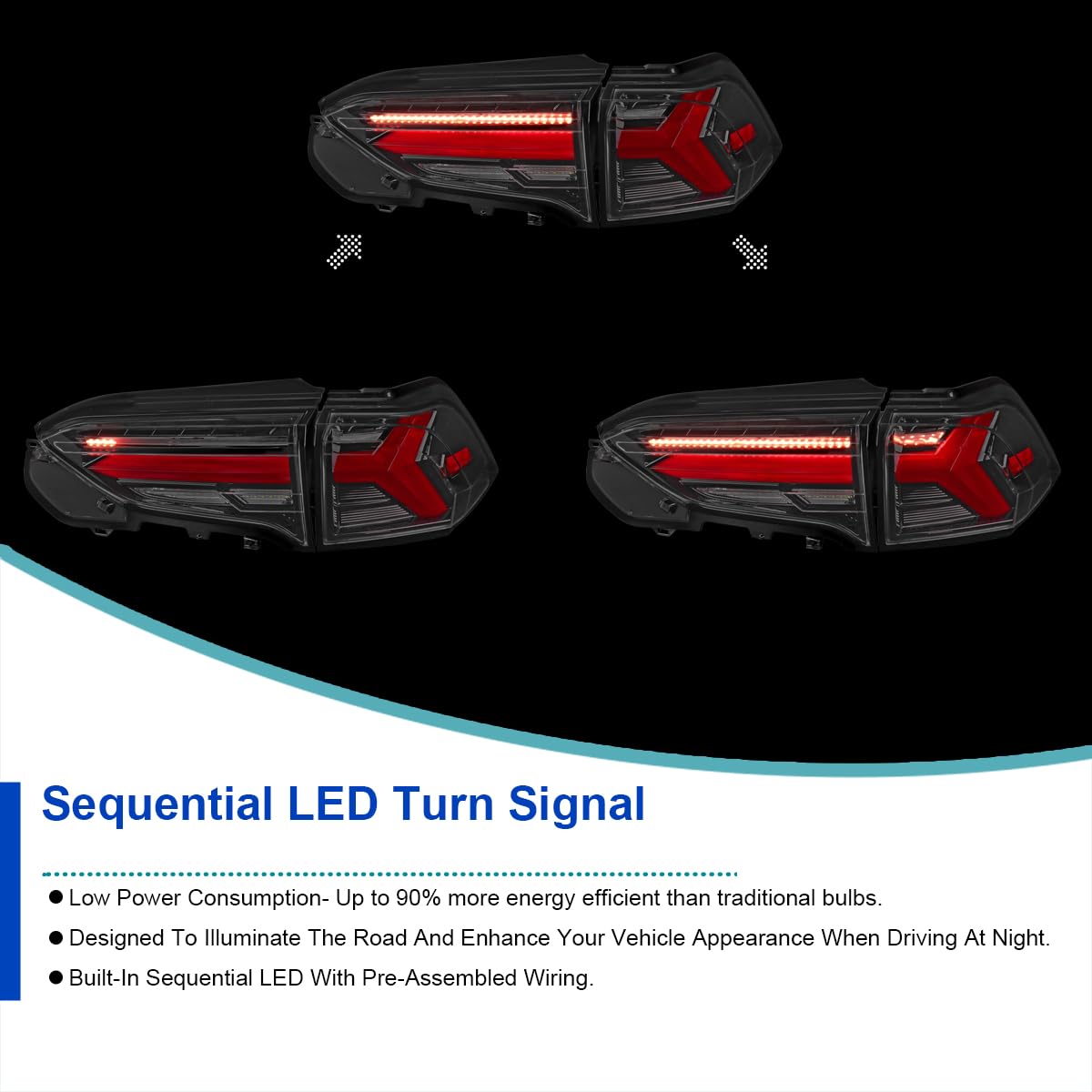 LED Sequential Tail Lights SPEC-D TUNING Glossy Black w/Red Bar Compatible with 2019-2023 Toyota RAV4, Left + Right Pair Assembly