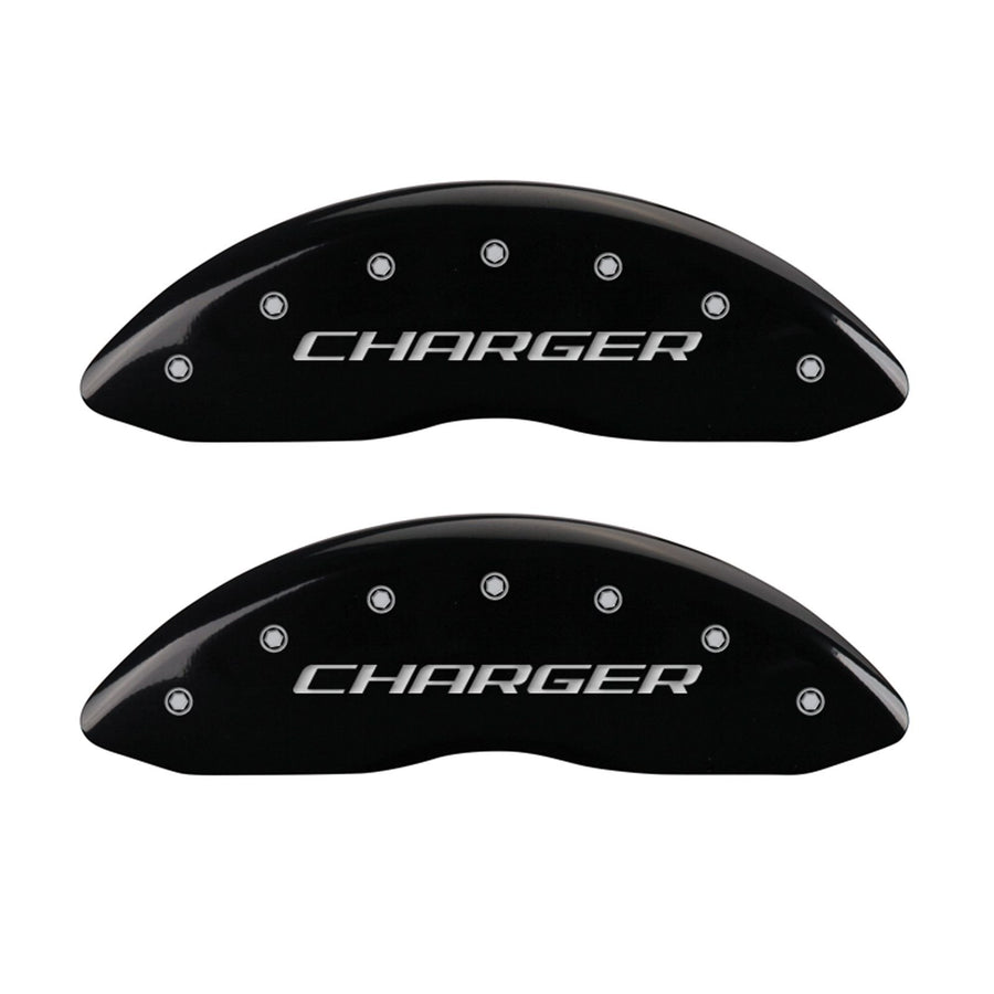 MGP 12088SCHRBK Caliper Covers Caliper Cover (Black Powder Coat Finish, Engraved Front: Charger - Engraved Rear: RT, Silver Characters, Set of 4)