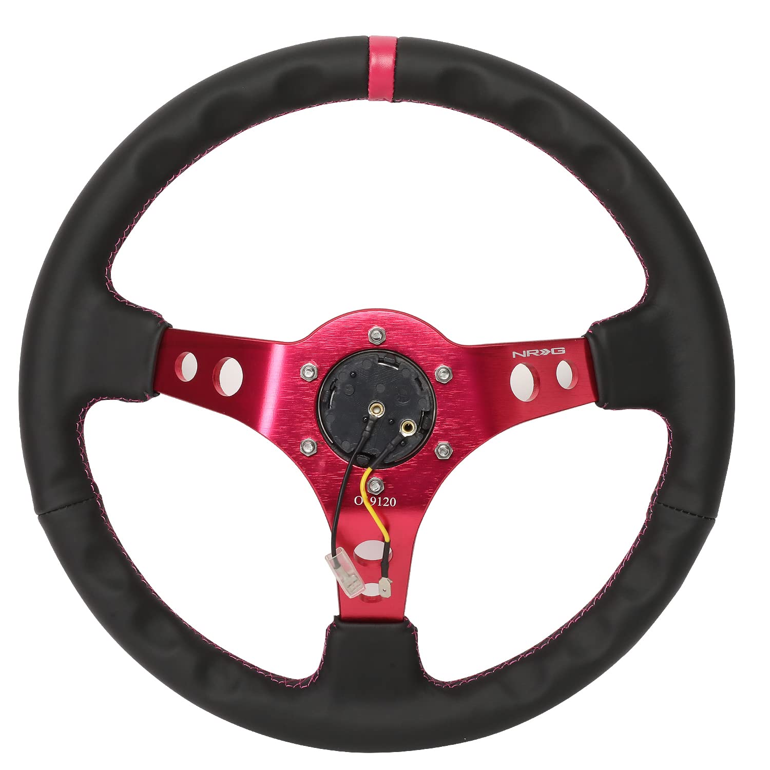NRG Innovations Reinforced NRG-RST-006FH Steering Wheel 350mm Sport Steering Wheel (3" Deep), Black Leather Fushia Center Mark with Fushia Stitching, Fushia Center Spoke