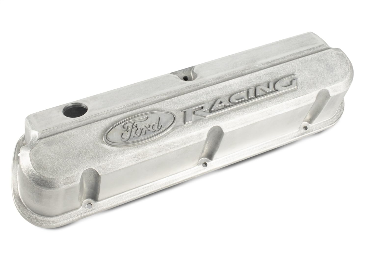 Ford Slant-Edge Valve Cover, Tall, Baffled, Breather Hole, Raised Ford Racing Logo, Aluminum, Natural