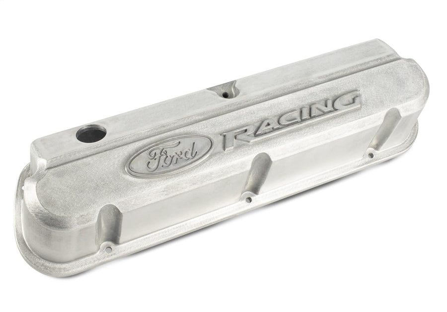 Ford Slant-Edge Valve Cover, Tall, Baffled, Breather Hole, Raised Ford Racing Logo, Aluminum, Natural
