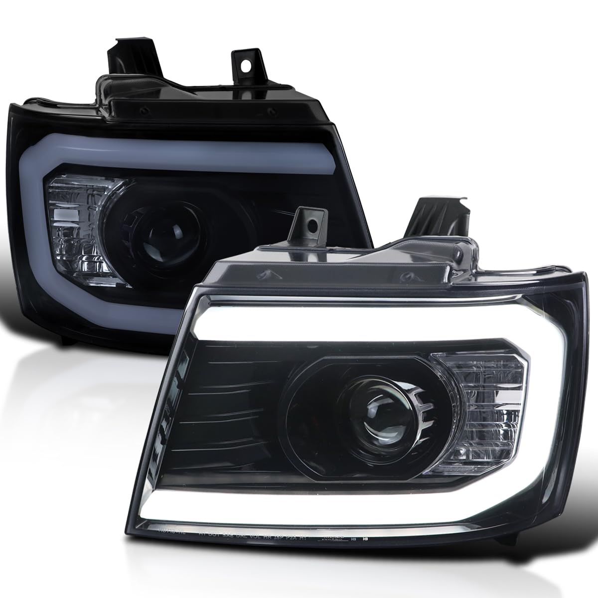 Glossy Black Smoke SPEC-D TUNING DRL LED Strip Projector Headlights Compatible with 2007-2013 Chevy Avalanche, Tahoe, Suburban 1500 2500, Left + Right Pair Headlamps Assembly