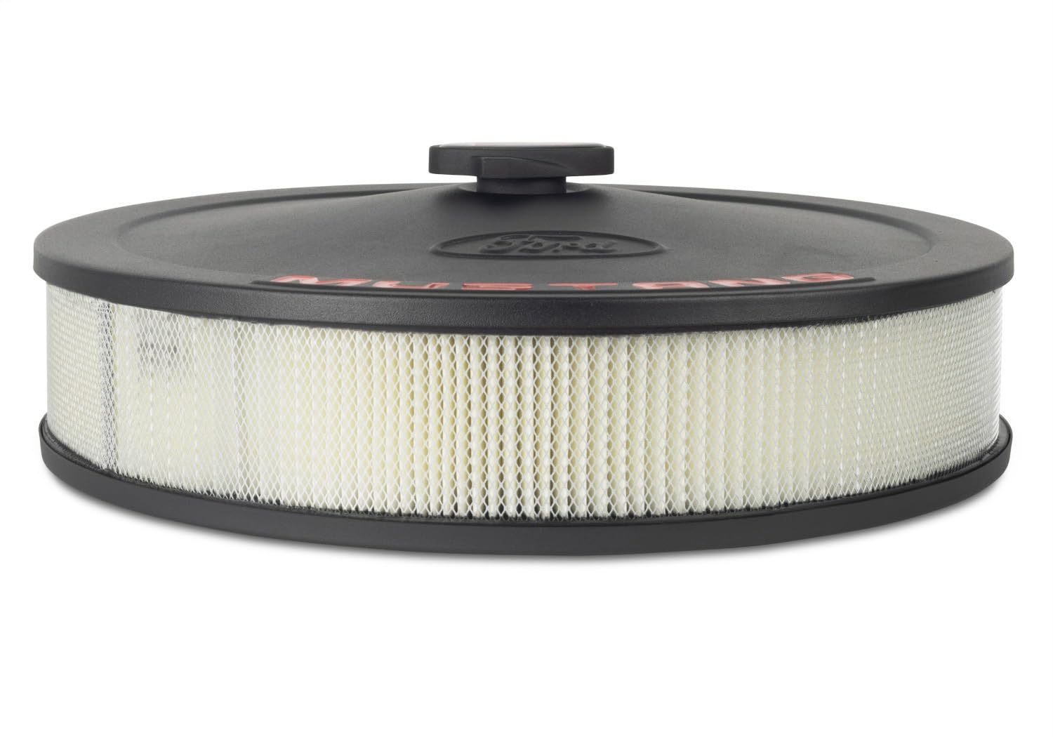 302-362 Ford Air Cleaner Assembly - 13 in Round - 2.625 in Element - 5-1/8 in Carb Flange - Drop Base - Red Mustang Logo - Steel - Black Crinkle - Kit