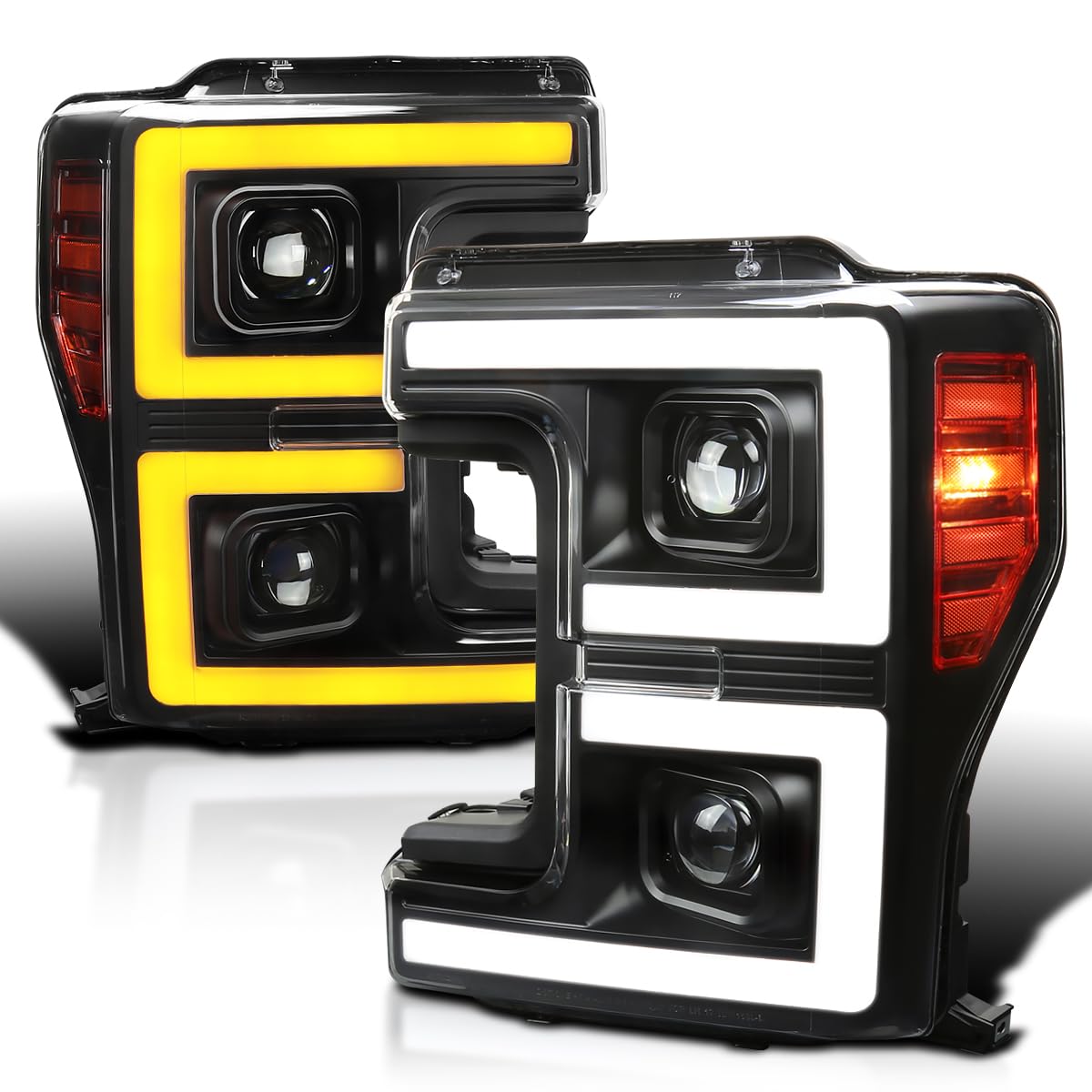 Black SPEC-D TUNING Projector Headlights w/LED Sequential Turn Signal Switchback Compatible with 2017-2019 Ford F-250, F-350, F-450, F-550 Super Duty, Left + Right Pair Headlamps Assembly