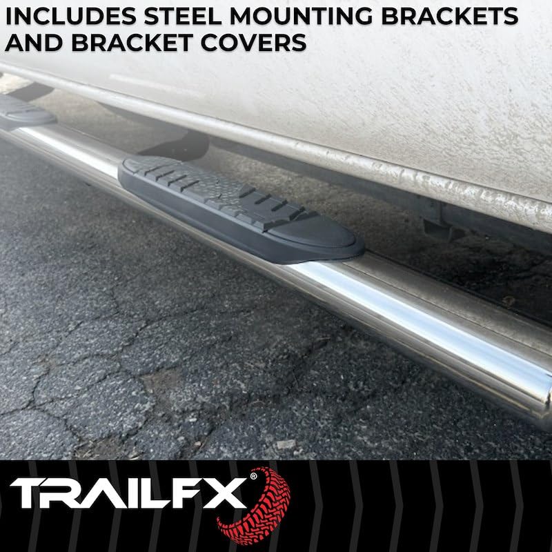 Truck Running Board Fits Ram 1500 2011-2018 Quad Cab Oval 5 Inch Straight Nerf Bars with Step Pads Polished Marine-Grade Stainless Steel Welded End Caps Rocker Panel Mount TrailFX A7055S