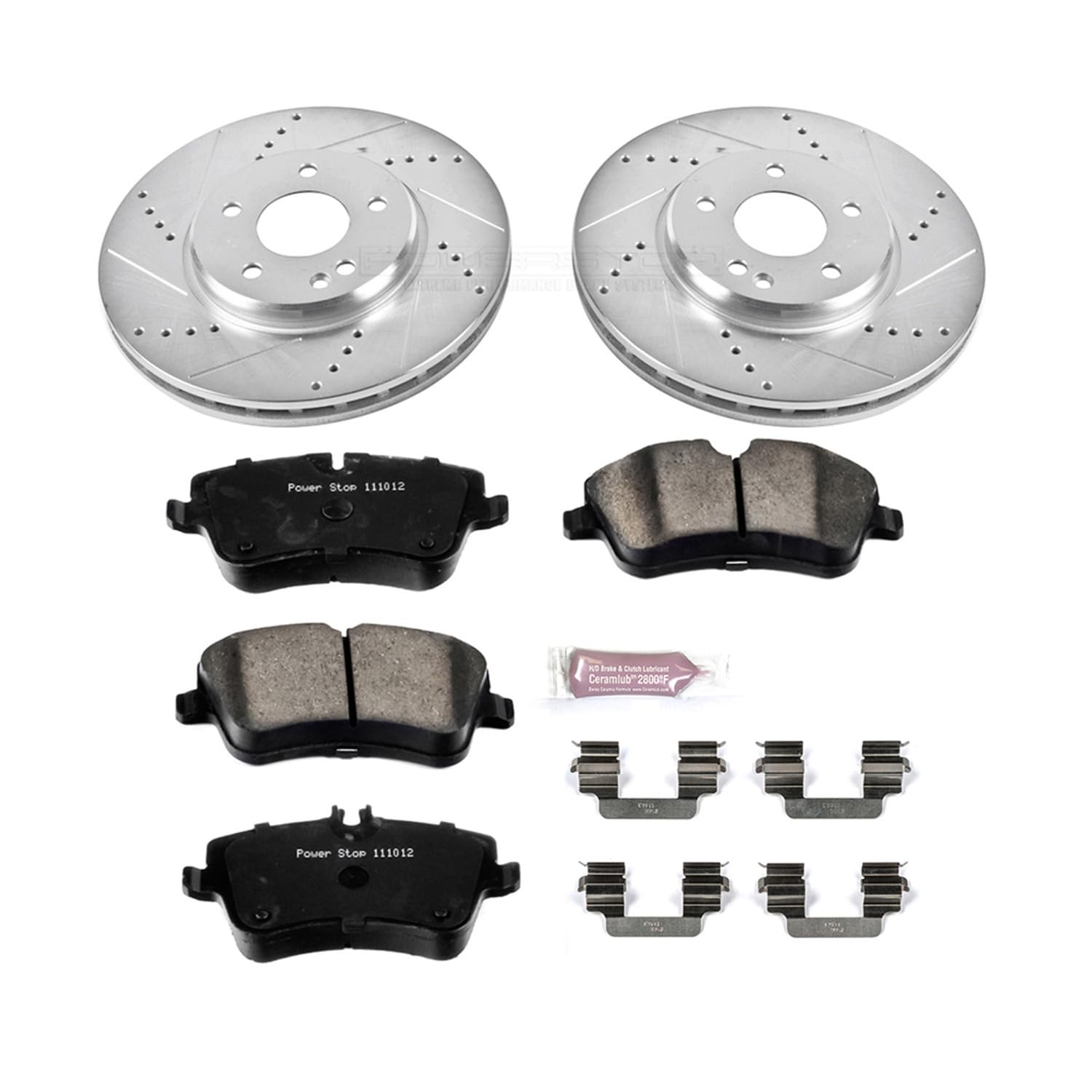 Power Stop K6702 Z23 Carbon Fiber Brake Pads Front with Drilled & Slotted Brake Rotors Kit and 1 Front Sensor Wire For C, C240, C280, C320, C350, CLK320, CLK350, SLK280, SLK300 [Model Specific]